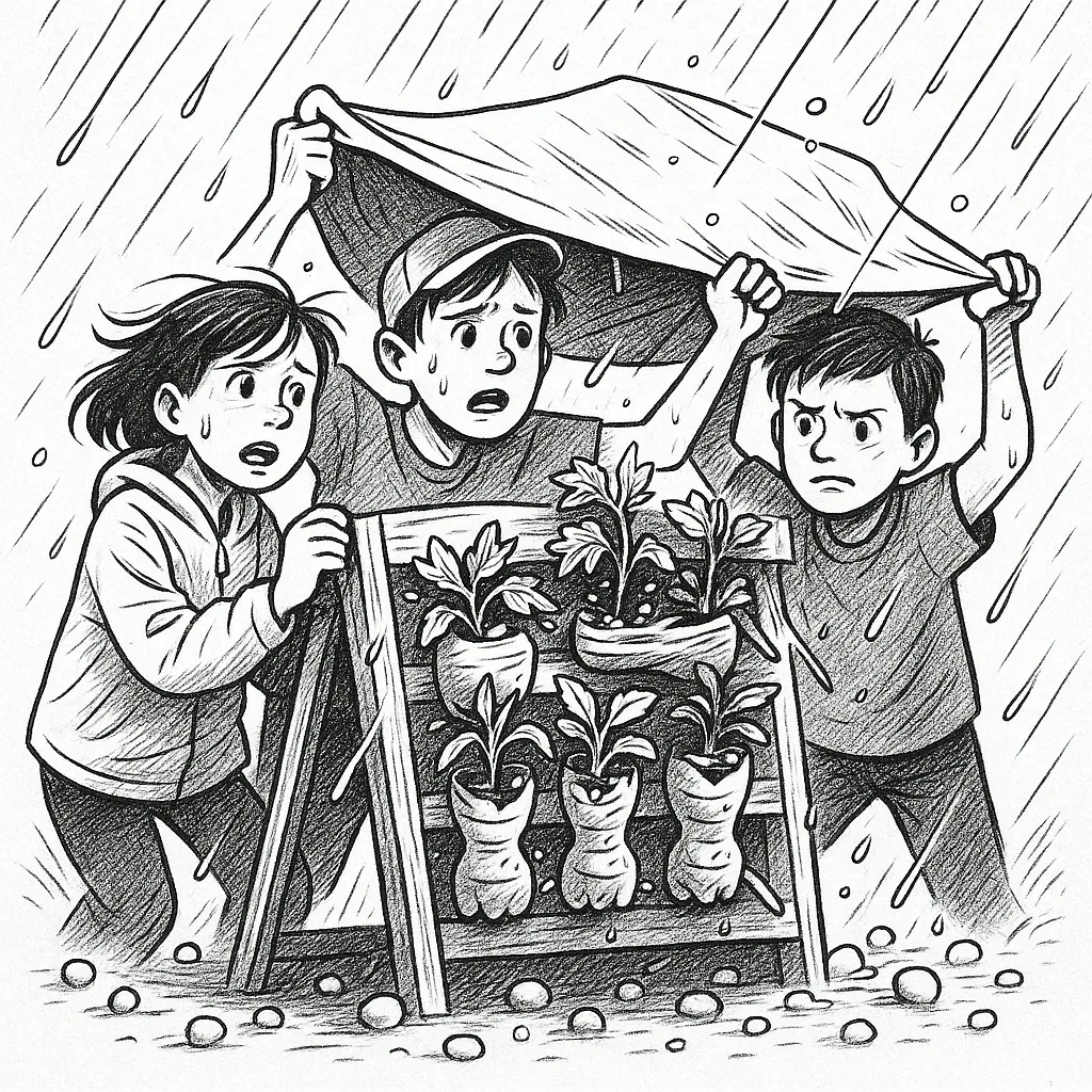 Bleistiftzeichnung: Drei Kinder halten im Regen eine Plane über ihre Pflanzkisten und schützen die jungen Triebe.