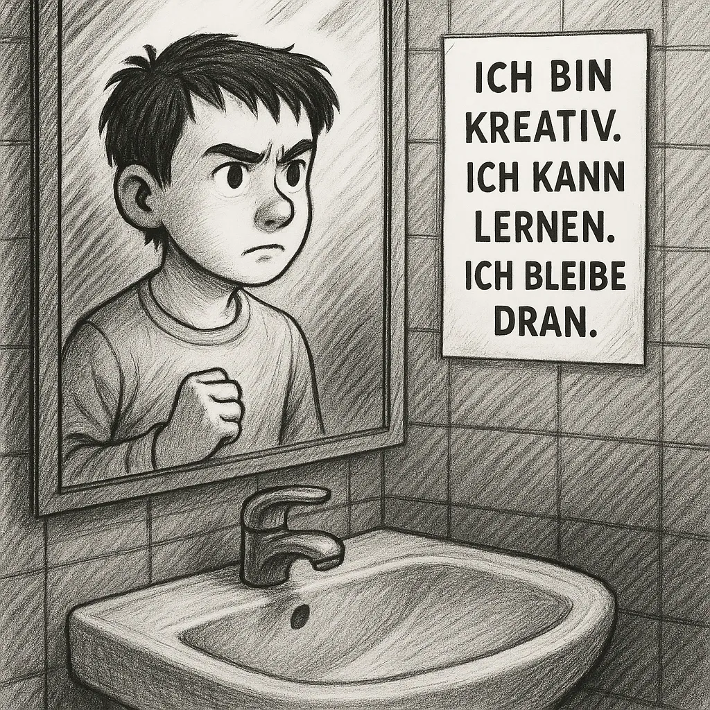 Bleistiftzeichnung: Mika steht mit geballter Faust vor dem Spiegel, daneben hängt ein Schild mit den Sätzen Ich bin kreativ. Ich kann lernen. Ich bleibe dran.